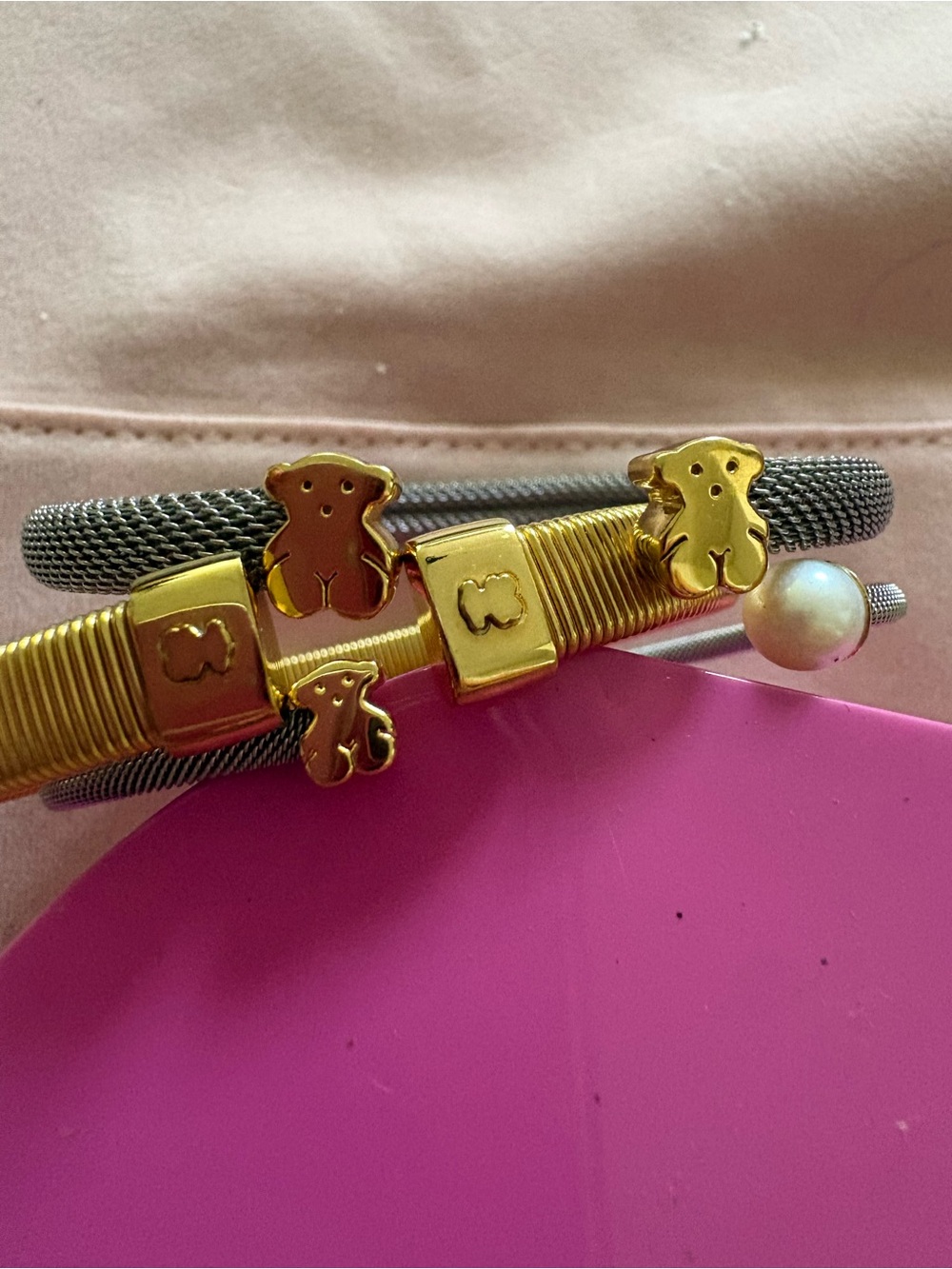 TOUS Icon Mesh Bracelet with Pearl and Bear Motif Gold & Silver